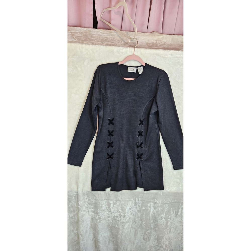 Liz Claiborne Black Knit Lace Up Velvet Corset Tunic Mini Dress Wool Blend Small